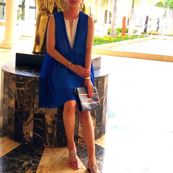 Sandro Paris V Neck Mod Color Lined Shift Flowy Mini Dress Blue Size 1 Small - Picture 1 of 10